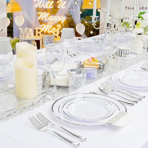 Supernal 400pcs Silver Plastic Dinnerware Set Heavy Duty Disposable Plates Include Silver Plastic Dessert Plates,50 Spoons & Knives & Cups & Napkins & 100 Forks,Prfect For Party and Wedding