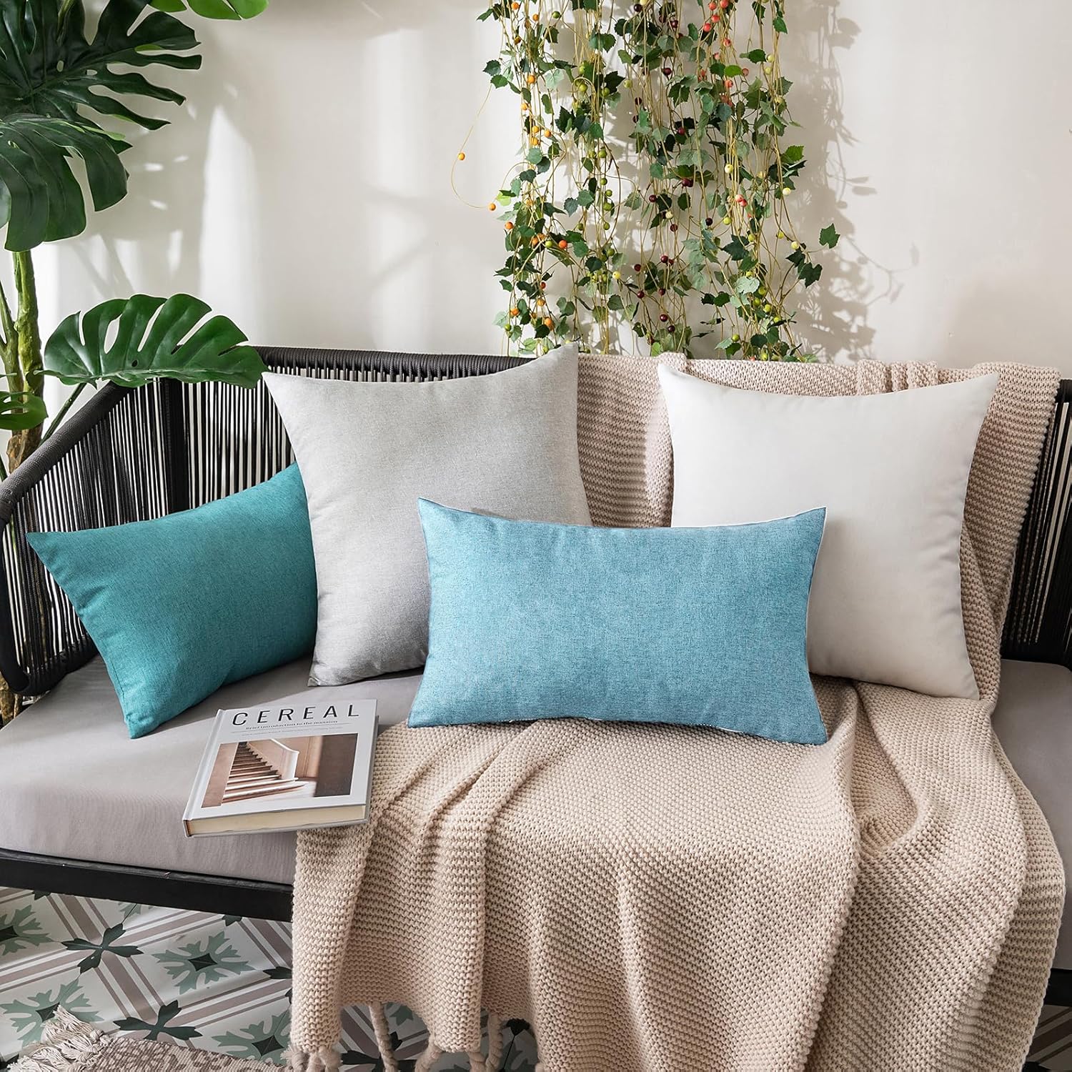 MIULEE Decorative Outdoor Throw Pillow Covers - Waterproof Faux Linen Cushion Cases | 20x12 Inch, Blue Gray, Pack of 2