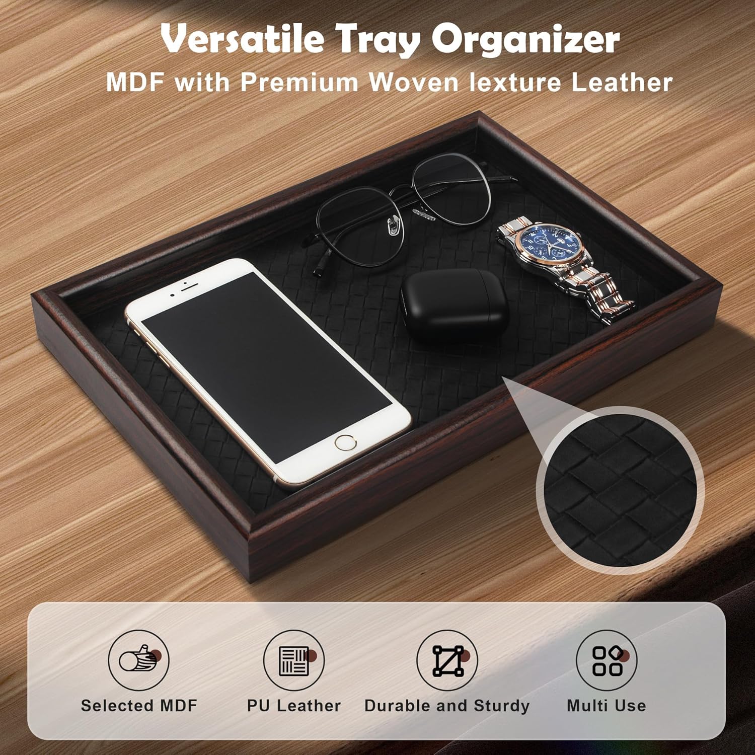 Zosenley Wooden Valet Tray - Stylish Leather Base Nightstand Organizer for Keys, Wallet, Phone & Jewelry (Black)