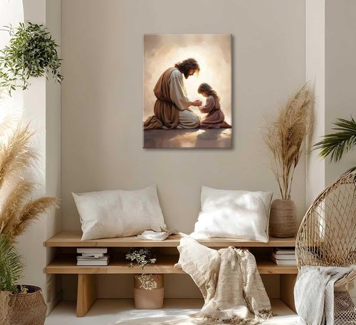Jesus Praying with Girl Canvas Wall Art - Christian Spiritual Decor | Framed Bible Story Print for Home