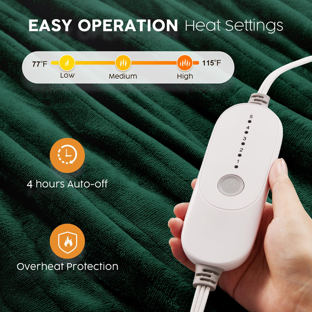 HYLEORY Heated Electric Blanket Queen 84"x90" Soft Fleece & Flannel with 5 Heating Levels & 10 Hours Timer Auto Shutt Off, ETL Certified, Washable，Heated Blanket for Body-Dark Green