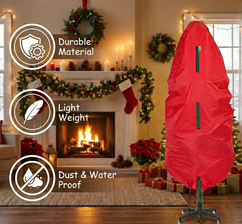 Upright Christmas Tree Storage Bag - Durable Dustproof Cover for 5 Ft Artificial Trees | Easy-Use Red Holiday Storage
