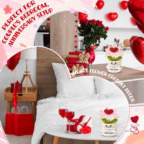 Frabaca Crochet Heart Flower Valentines Day Decorations - I Love You Gifts for Her Him, Cute Birthday, Easter, Anniversary Wedding Gift for Girlfriend, Wife, Fiancee, Christmas Stocking Stuffers