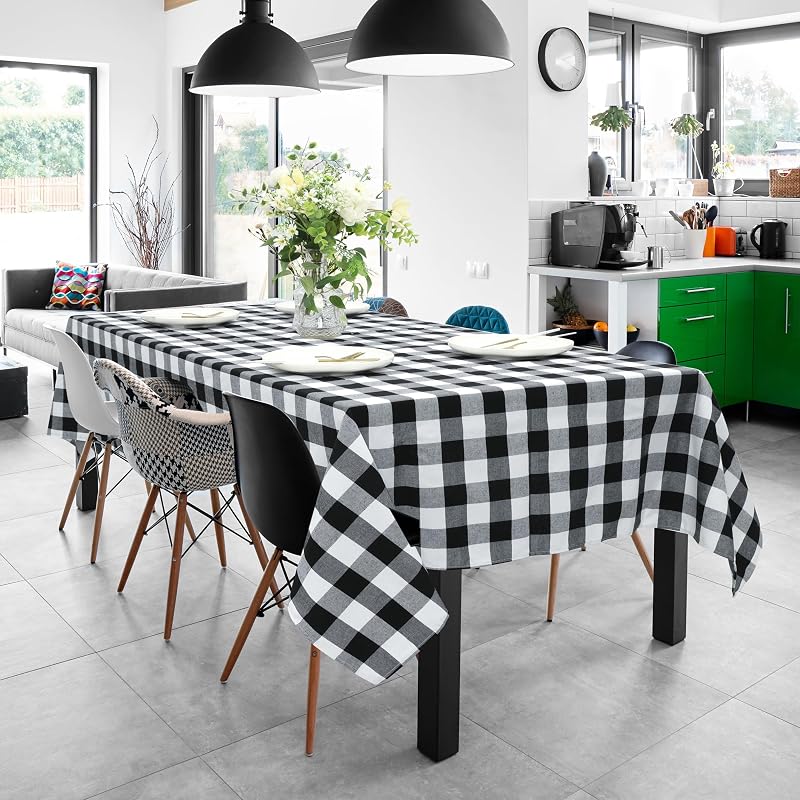 Buffalo Plaid Tablecloth 60x120 Rectangular - Black & White Gingham Cotton-Polyester