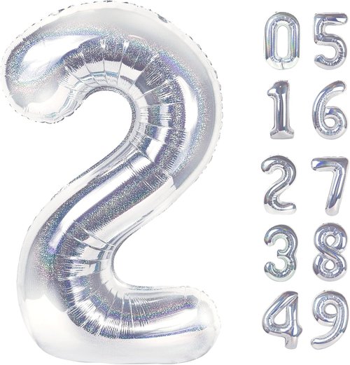 Laser Silver Number 2 Balloon - 40 Inch Birthday Decoration for Second Birthday Party Supplies