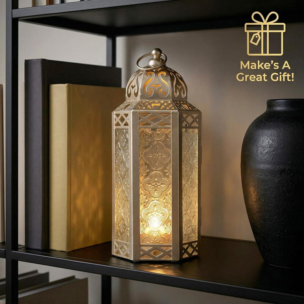 VELA Lanterns 10.5" White Gold Moroccan Candle Lantern - Elegant Decorative Holder for Indoor/Outdoor Use