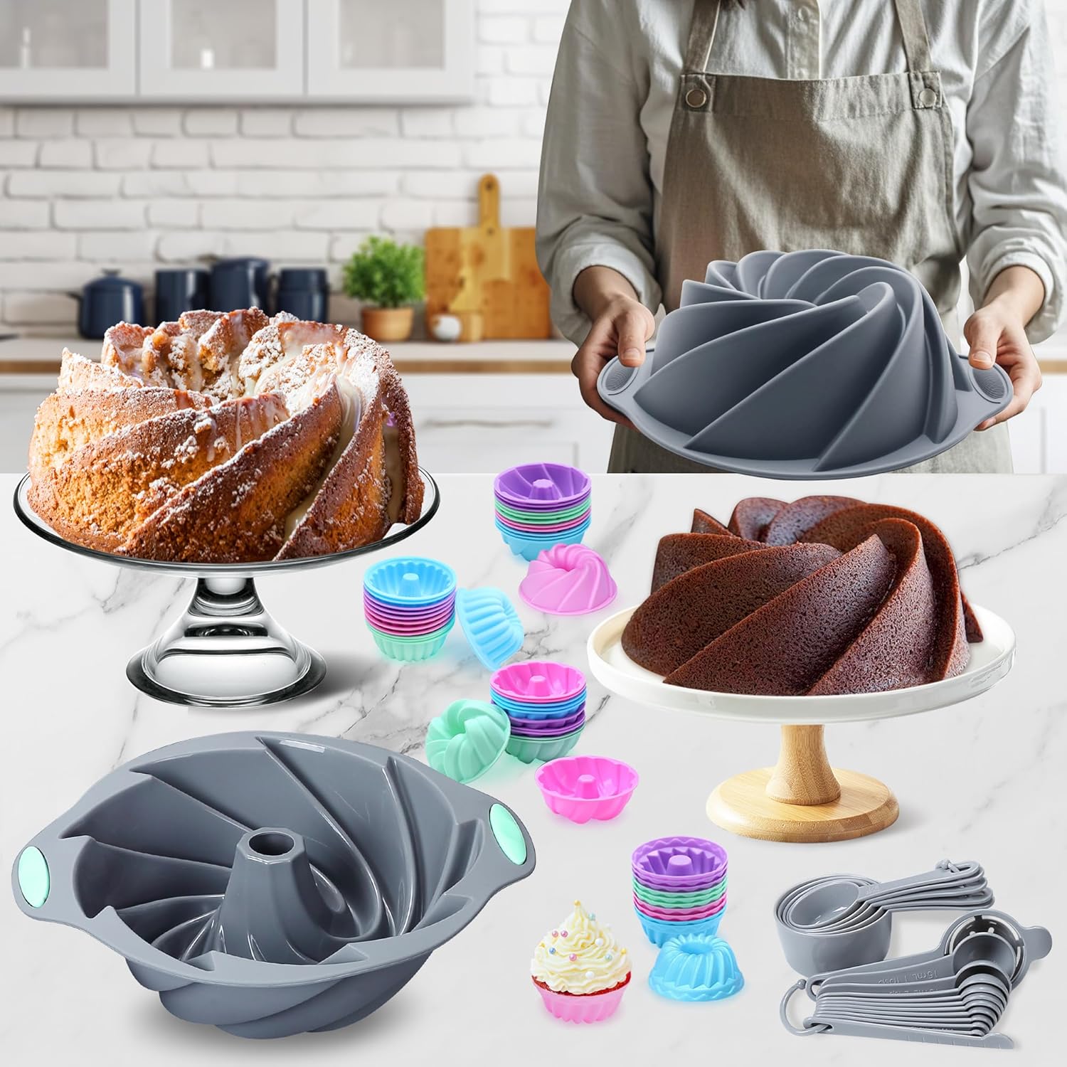 Tongjude Silicone Bakeware Set - 72 Pieces Nonstick Kitchen Baking Pans with Easy Release | Grey