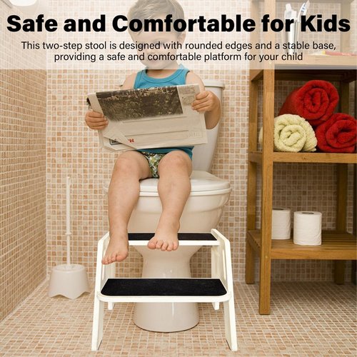 Wooden 2-Step Stool for Kids, Portable Step Stool with Handles & Non-Slip Pads, Natural Toddler Stepingstool for Kitchen, Bathroom, Bedroom, and Sink Use