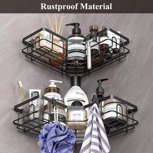 HuggieGems Corner Shower Caddy Organizer - 2 Pack Black Bathroom Shelves with Hooks for Storage