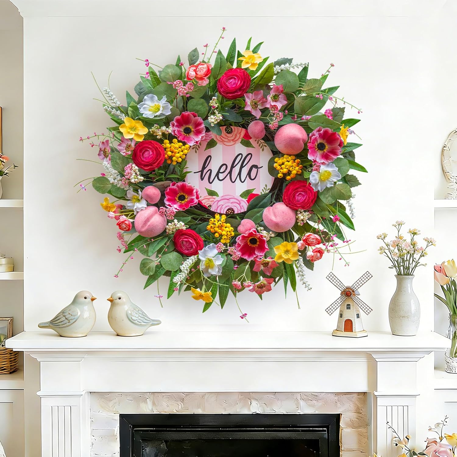 Spring Wreaths - 24 Inch Artificial Summer Wreath with Pink Roses & Hello Sign | Indoor & Outdoor Farmhouse Decor