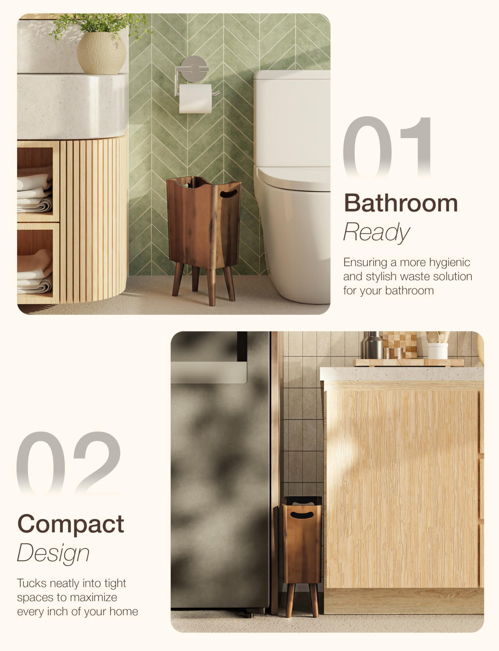 Tidita 2 Gallons Wooden Trash Can 4 Legs - Acacia Wooden Bin, Wood Bathroom Accessories - Small Bin, Waste Basket for Bedroom, Office Garbage Can - Bathroom Trash Can, Patent Pending (Walnut Color)