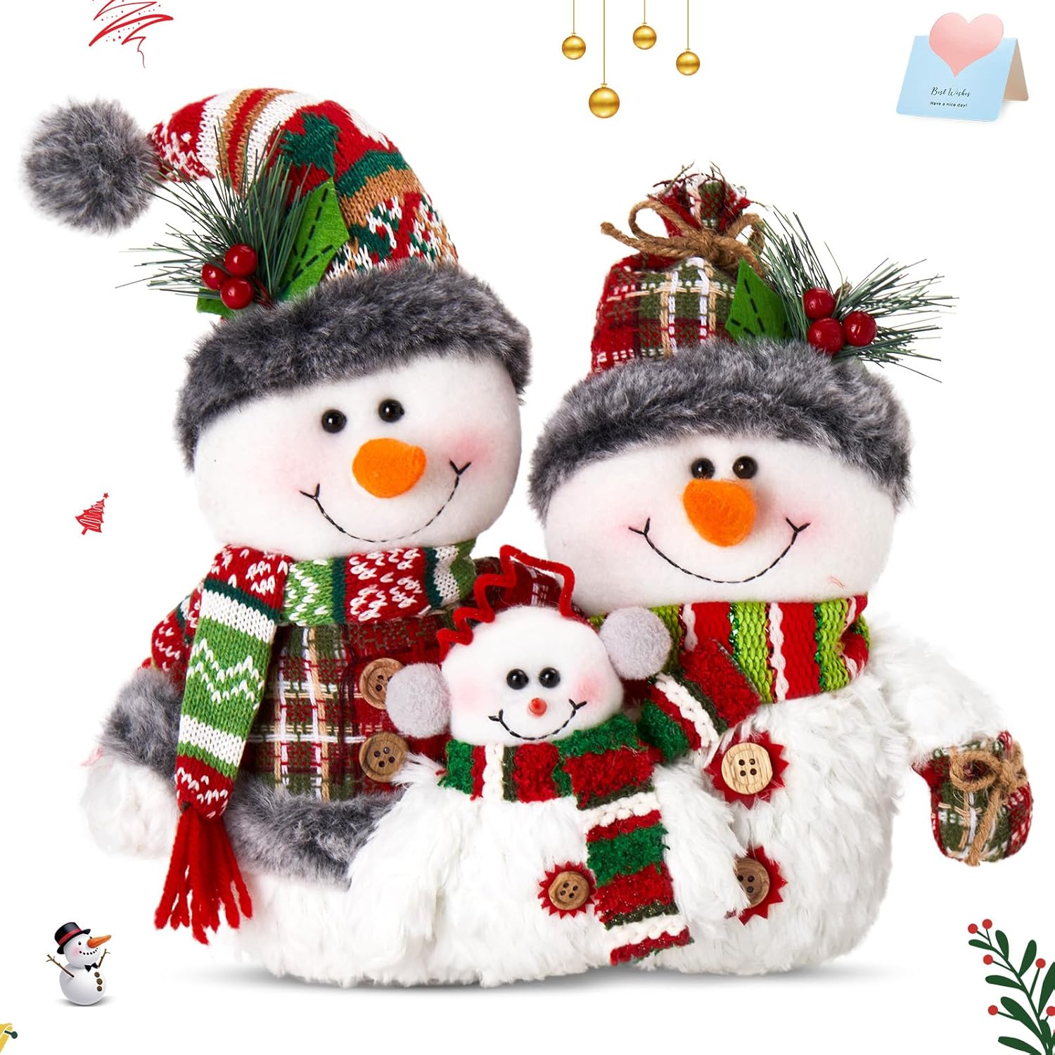 WEWILL 12'' Christmas Snowman Figurine - Cozy Family Decor for Holiday Tabletop & Tree Display