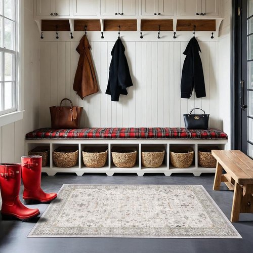 Boho Bathroom Rug by Light Grey - Large 3x5 Washable, Non-Slip Floral Design for Entryway & Bedroom