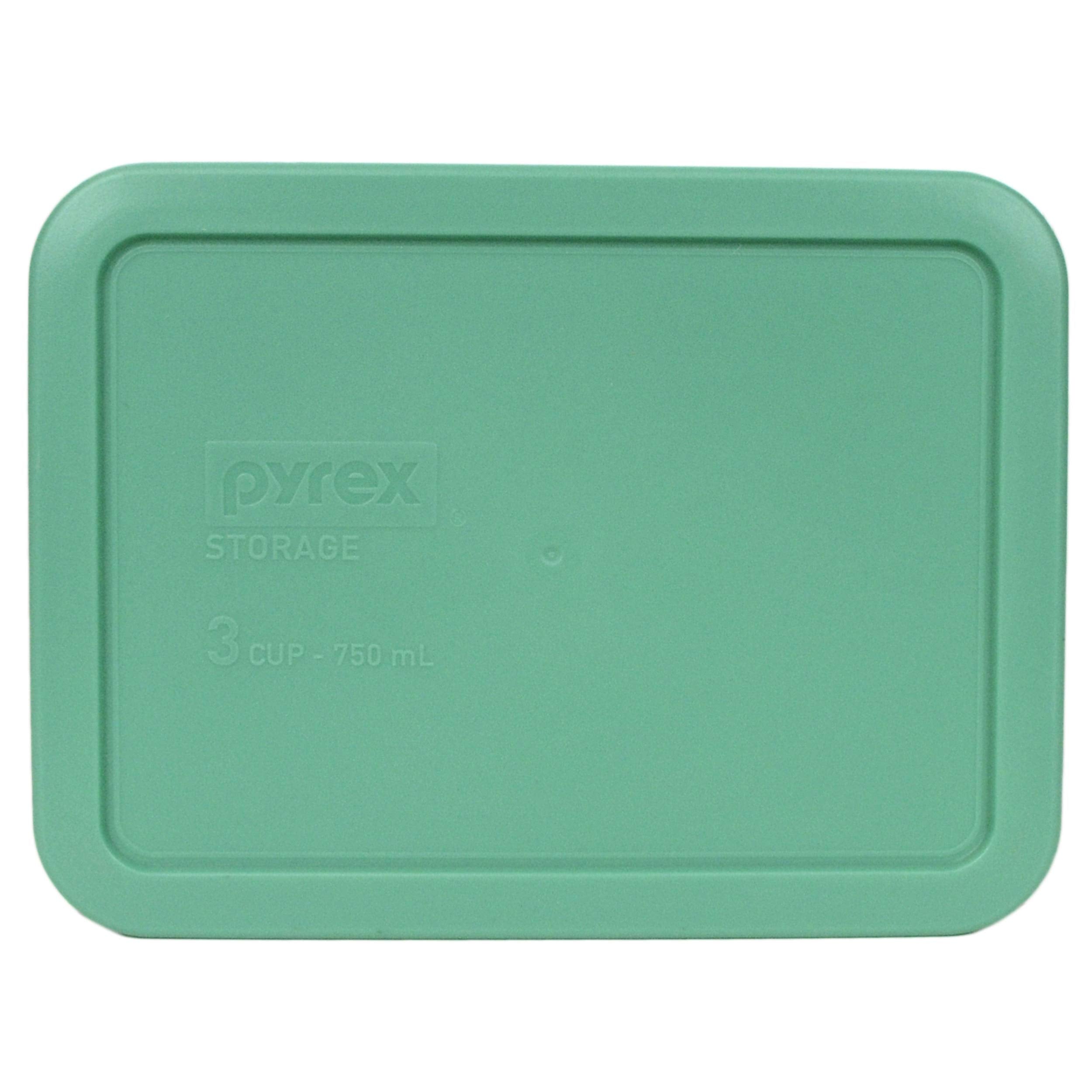Pyrex (1) 7402-PC 6/7-Cup Red, (2) 7210-PC 3-Cup Light Green, (1) 7201-PC 4-Cup Blue, and (2) 7200-PC 2-Cup Orange Food Storage Lids - Made in USA