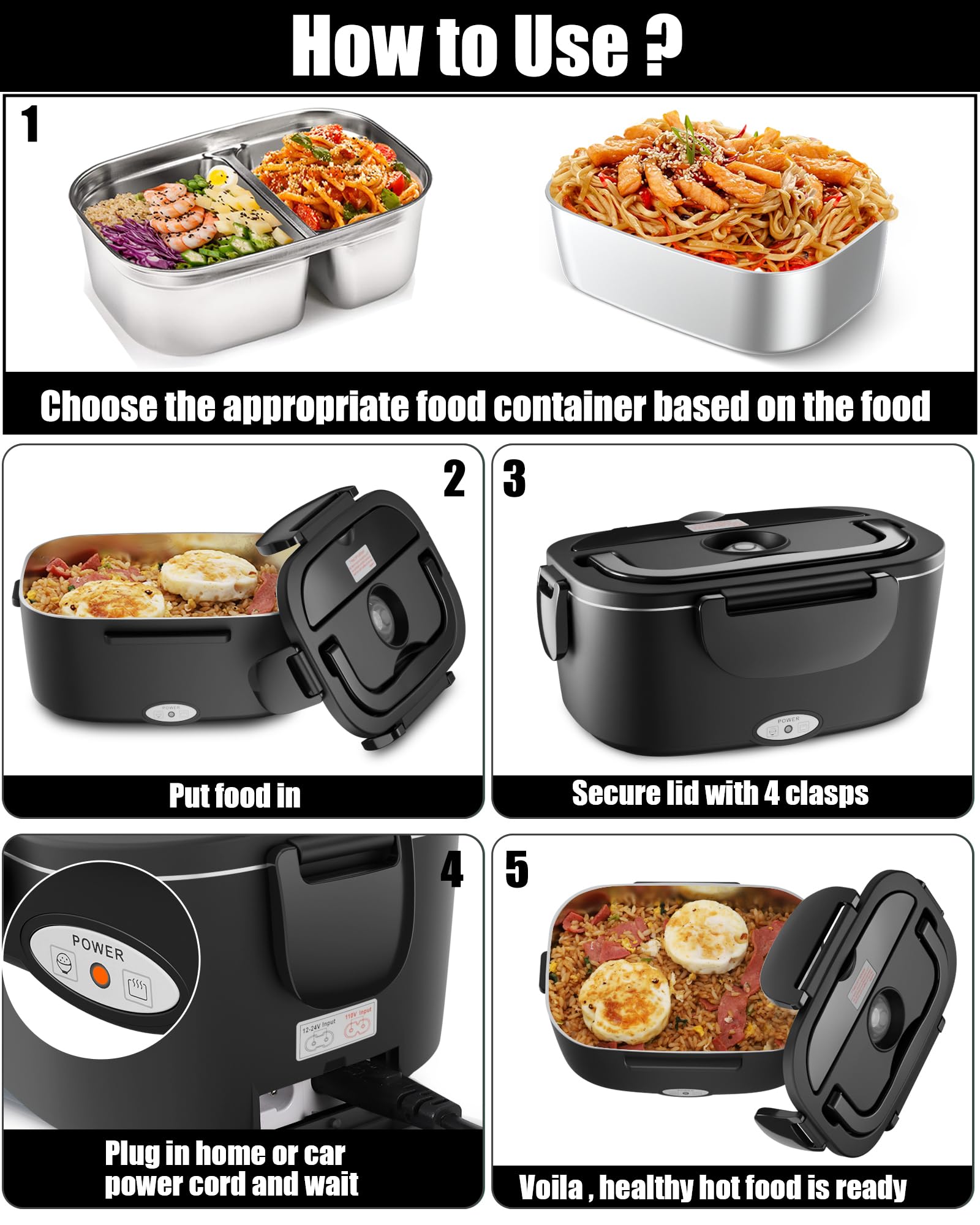Buddew Electric Lunch Box for Adults, 80W Heated Lunch Box with Dual 1.5L Stainless Steel Portable Food Warmer,12/24/110V Lonchera Electrica Portatil for Travel&Work, Loncheras para Hombres de Trabajo