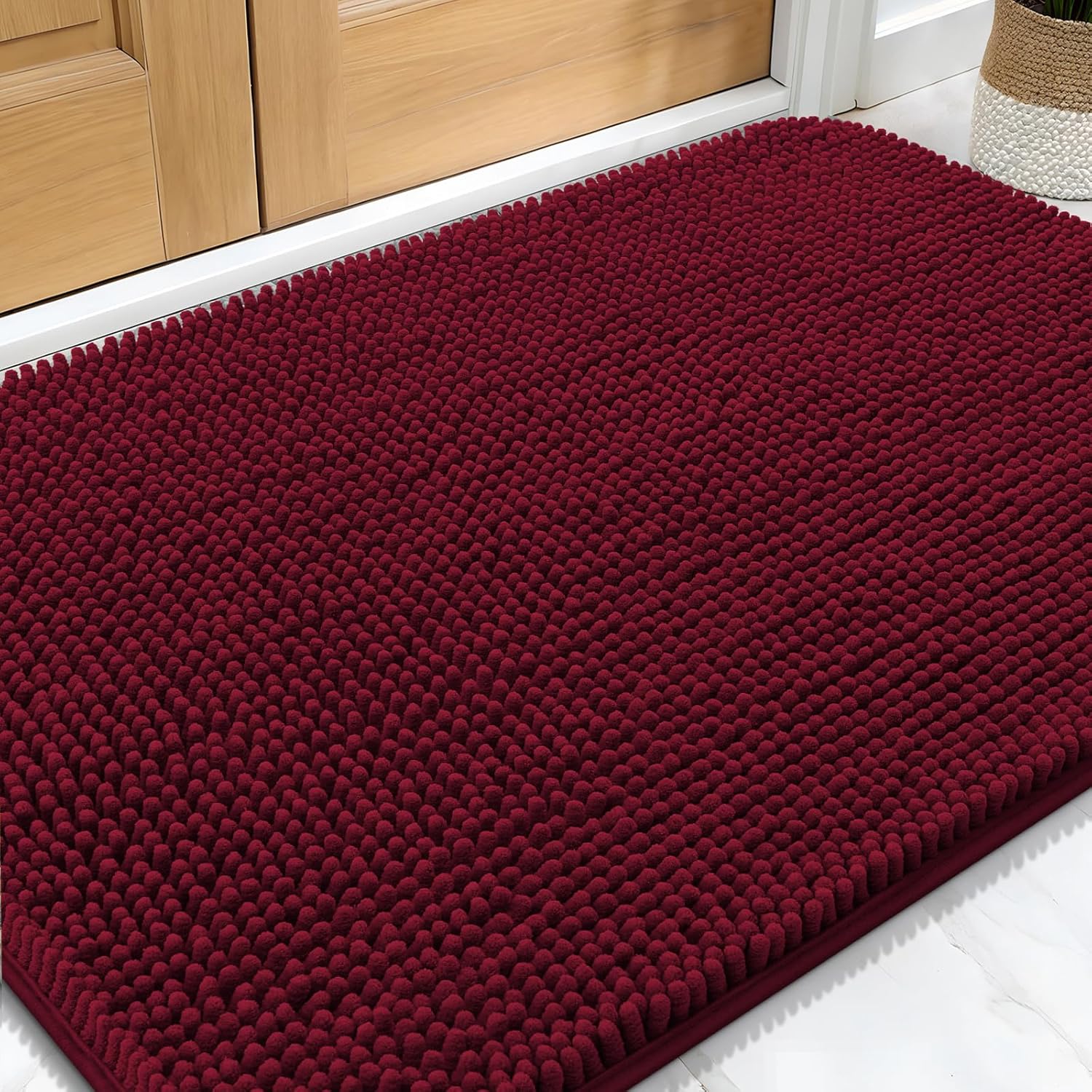 OLANLY Dog Door Mat - Absorbent Non-Slip Chenille for Muddy Paws | 32x20 Inches, Quick Dry, Burgundy