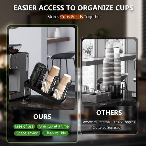 wymulot Paper Cup and Lid Holder, Disposable Coffee Cup Dispenser, 3-Slot Upright Paper Cup Dispenser for Coffee Stations, Kitchens, Bars, Restaurants, Lounges (Black)