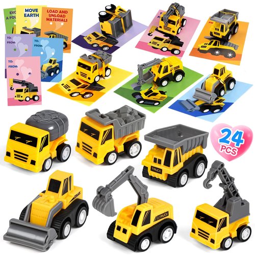 Tymokcall 24 Pcs Valentine’s Day Mini Construction Vehicles Bulk with Cards for Baby Toddlers Kids Pull Back Engineering Truck Party Favors School Gifts Exchange Classroom Prizes for Boys and Girls