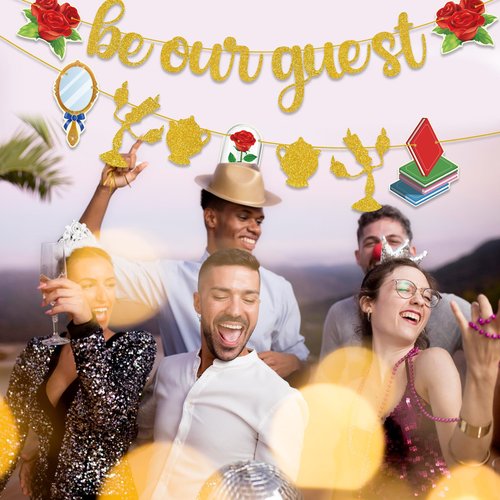 Gold Be Our Guest Banner, Glitter Cartoon Princess Birthday banner Cartoon Theme Party Banner Baby Shower Birthday Party Decorations For Girls Boys