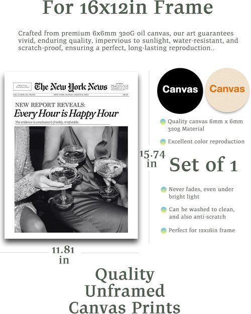 iHery Black Wall Art Print - Trendy Newspaper Design for Home Décor | 12x16in Canvas, Perfect for Living Room