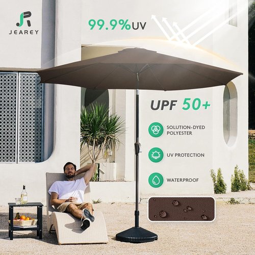 JEAREY 9FT Outdoor Patio Umbrella - Push Button Tilt & Crank | UV Protection, Waterproof, Brown