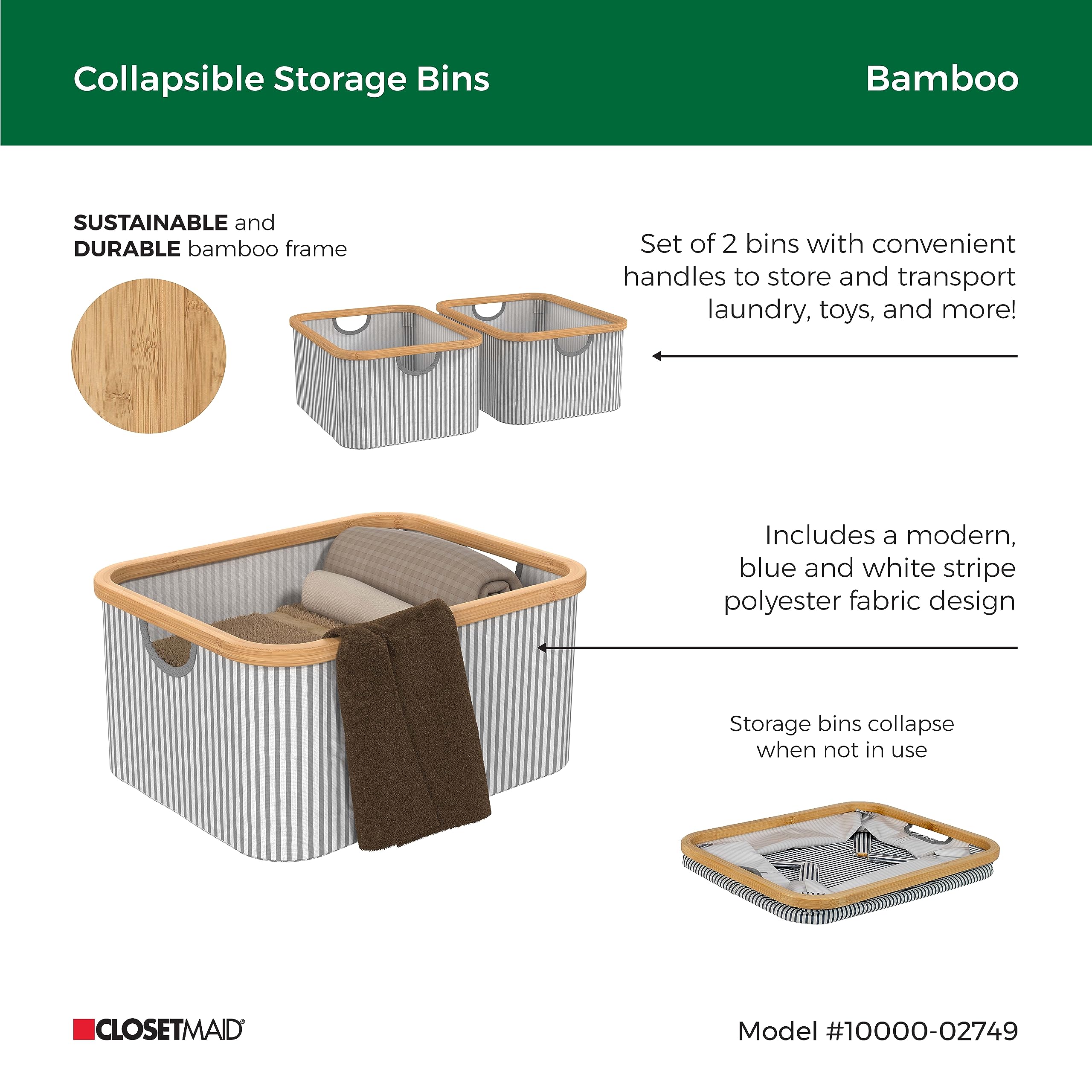 ClosetMaid Laundry Hamper Storage Baskets, Bamboo Frame, Portable, Collapsible Design, Freestanding, Stripe (2-Pack)