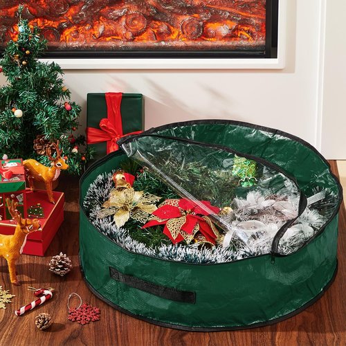 4 Pcs Christmas Wreath Storage Bag - Clear Window, Zipper & Handle | Green 24-Inch Garland Container