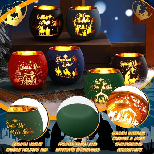 Jingmore Christmas Nativity Scene Votive Candle Holders - 6 Glass Holders with Flameless Candles & Engraved Patterns