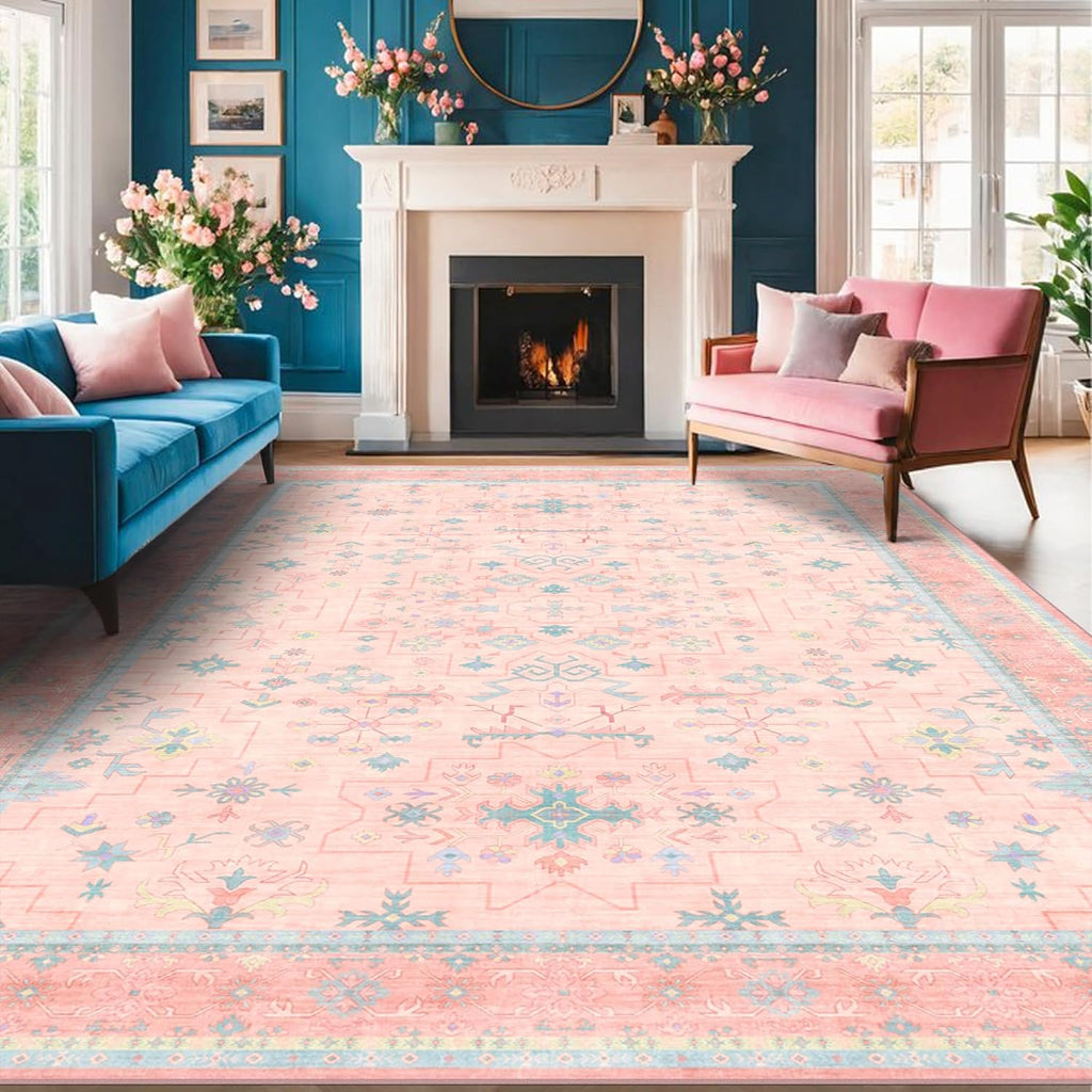 Oushak Rugs | Washable Pink & Blue 8x10 Area Rug - Soft Faux Wool, Modern Floral Design, Non-Slip