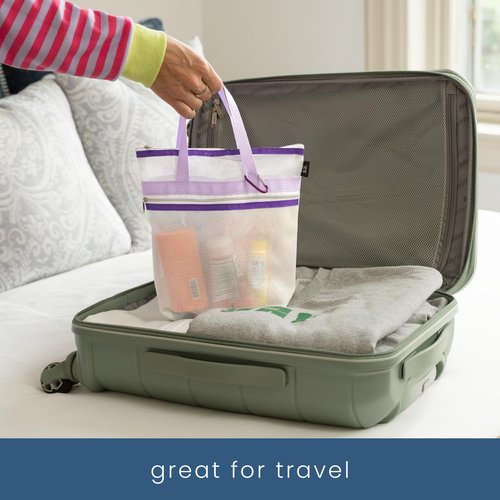 S&T INC. Mesh Shower Caddy, Shower Bag for Dorm Room Essentials, Gym Bag, Camping and More, Two Zippered Pockets, White and Purple, 10 Inches x 10 Inches