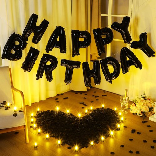 Charnoel Black Happy Birthday Balloons Decorations Happy Birthday Letter Balloons Banner Set with 24pcs Round Flameless LED Candles and 2000pcs Artificial Rose Petals for Women Men Room Party Decor
