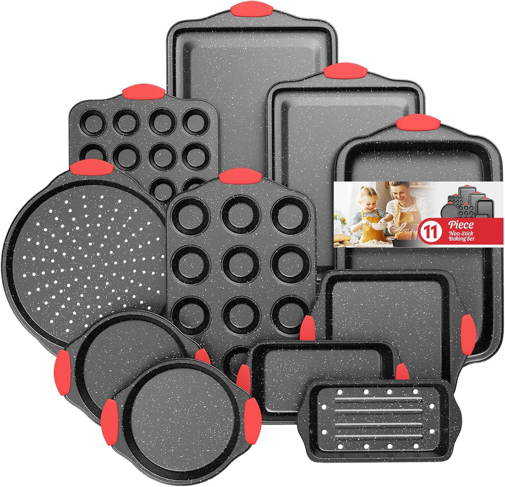 Skiennix 11-Piece Nonstick Baking Pans Set - Toxin-Free Bakeware with Silicone Handles | Red & Black