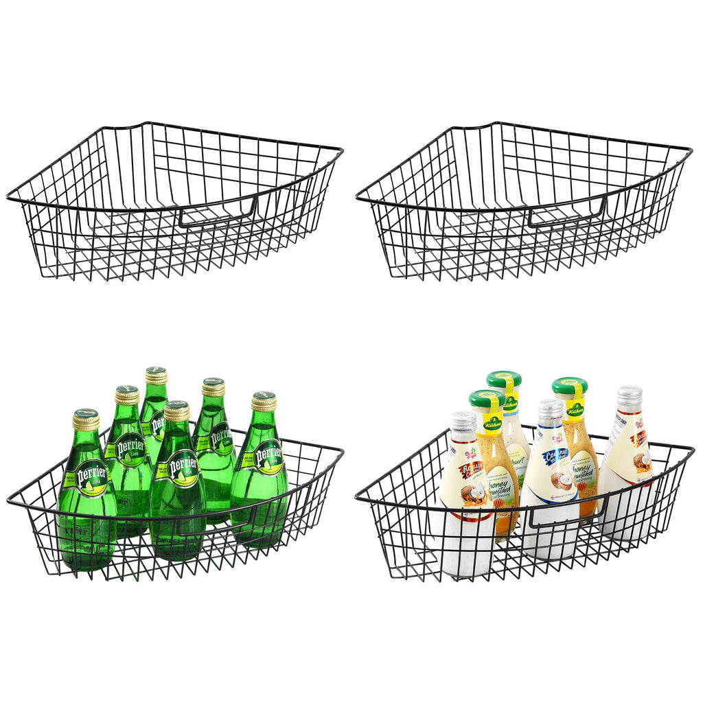 Leeden Lazy Susan Wire Storage Organizer Basket with Handle-Metal Cabinet Storage Bins -Kitchen Cabinet Organizer-1/4 Wedge Can Organizer Black (for 24" Lazy Susan, 4 Pack)