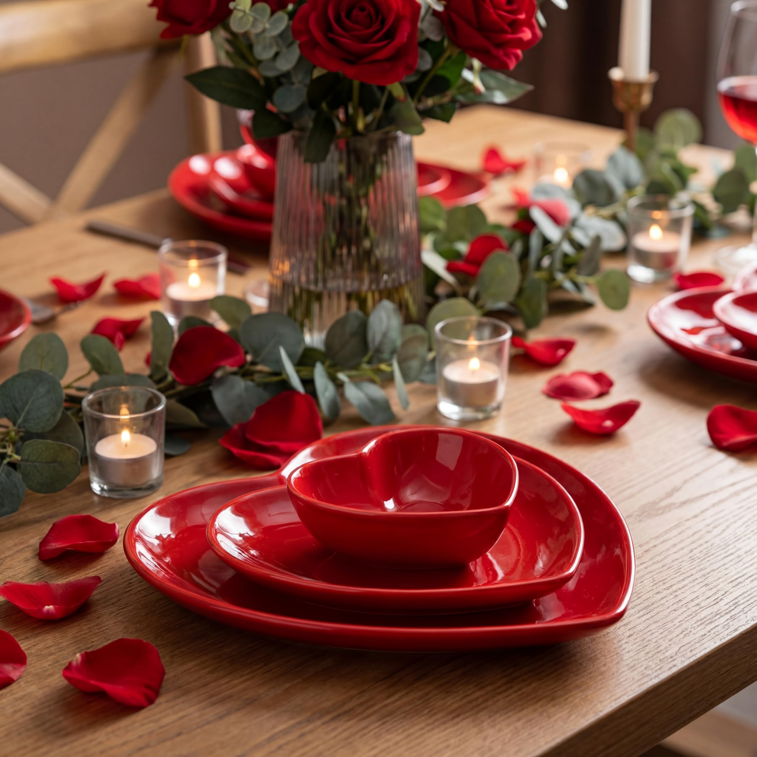 Suclain Valentines Day Red Heart Shaped Ceramic Plate Set of 3 Heart Dinner Dishes 3.15″ 4.92″ 7.09″ Platter for Dish Dessert Salad Bowl for Valentine‘S Day Party Supply Microwave Dishwasher Safe