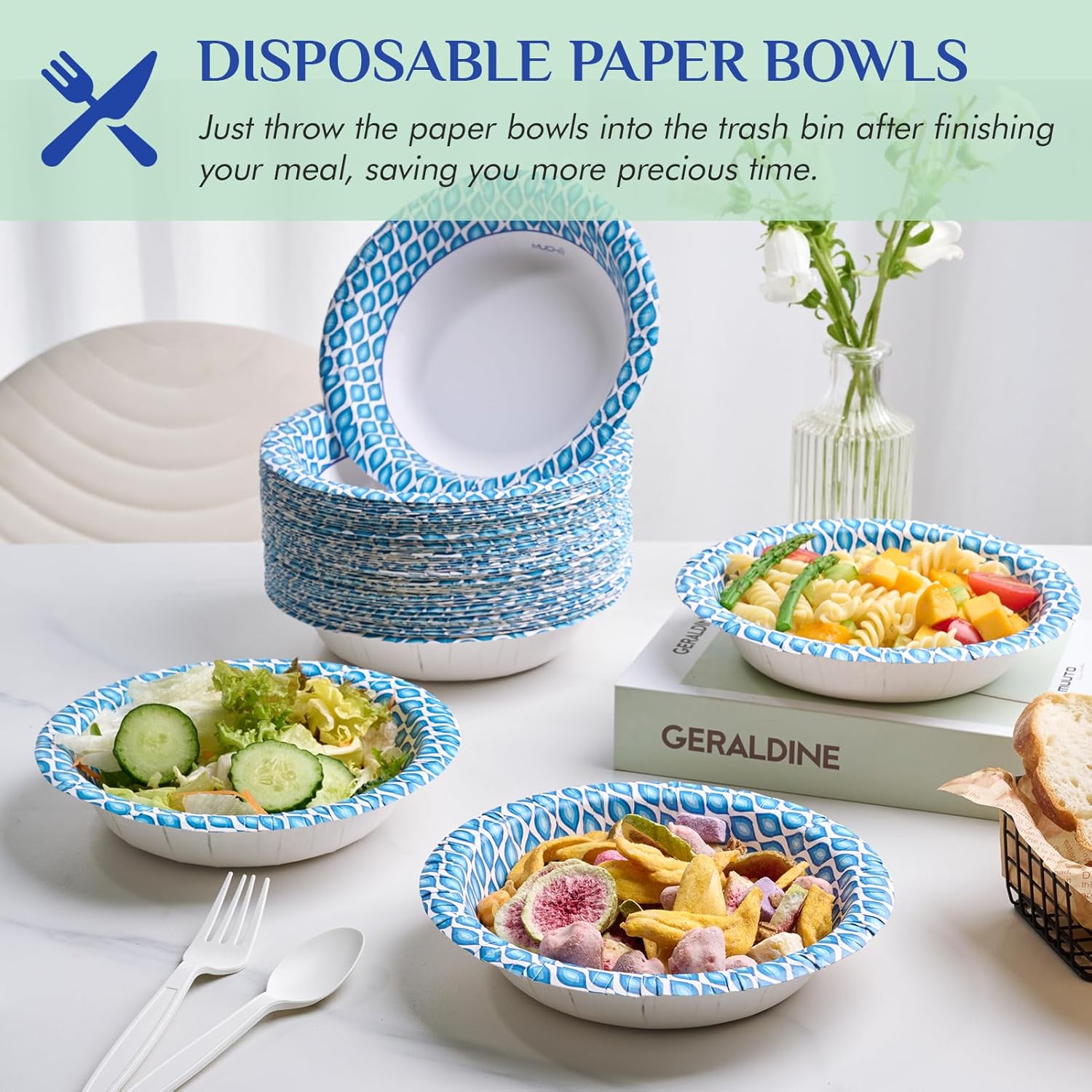 MUCHII 20 Oz Disposable Paper Bowls - 180 Count, Soak Proof Design for All Meals