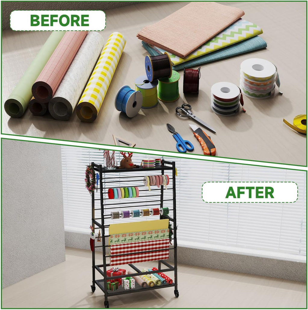 Skiennix Ribbon Organizer - Double-Sided Rolling Rack for Large Capacity Gift Wrap Storage