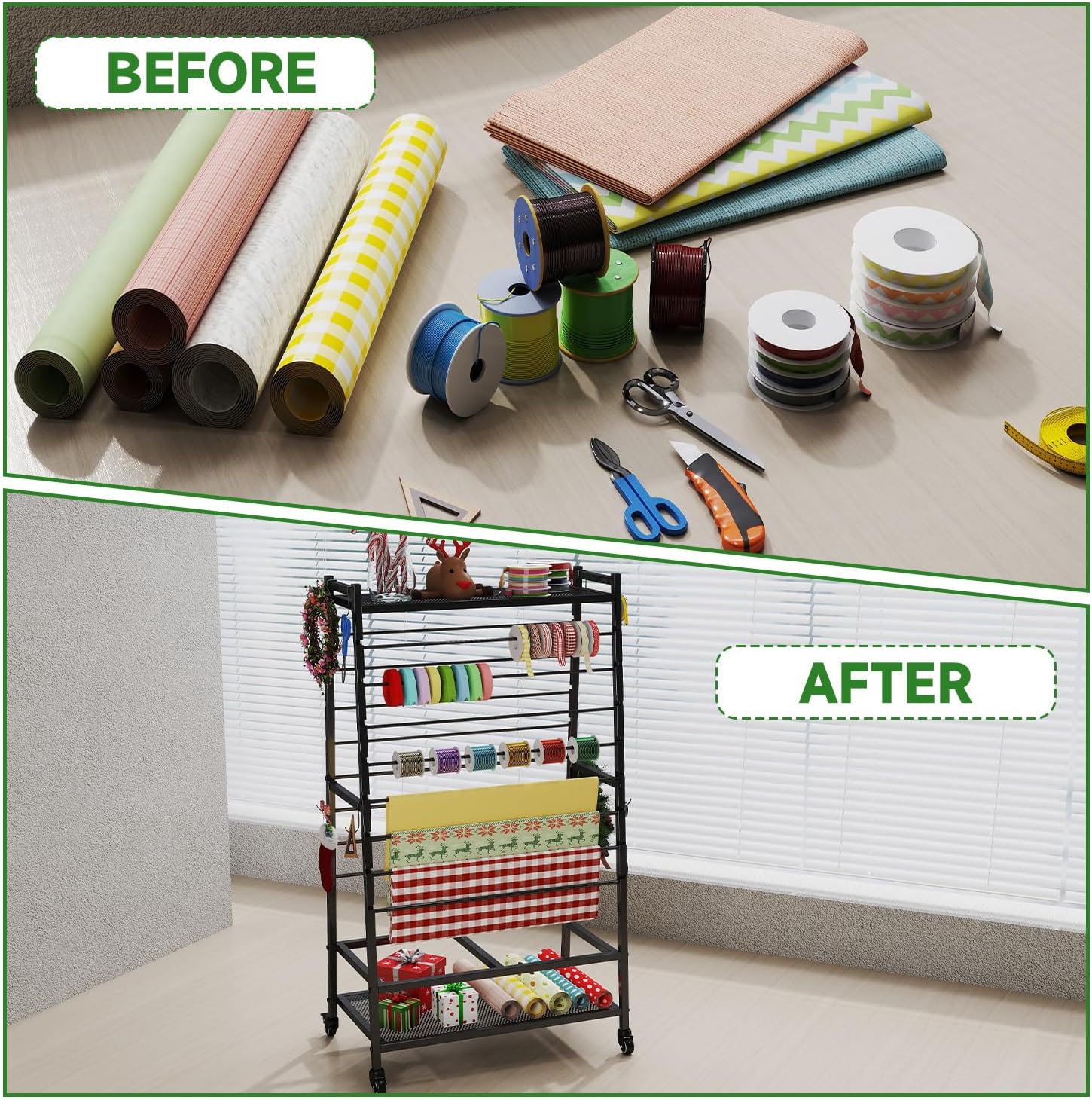 Skiennix Ribbon Organizer - Double-Sided Rolling Rack for Large Capacity Gift Wrap Storage