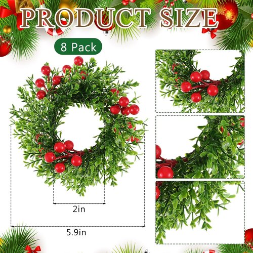 Daifunli Christmas Pillar Candle Rings - 8 Pcs 2-Inch Mini Artificial Boxwood Berry Wreaths for Holiday Decor