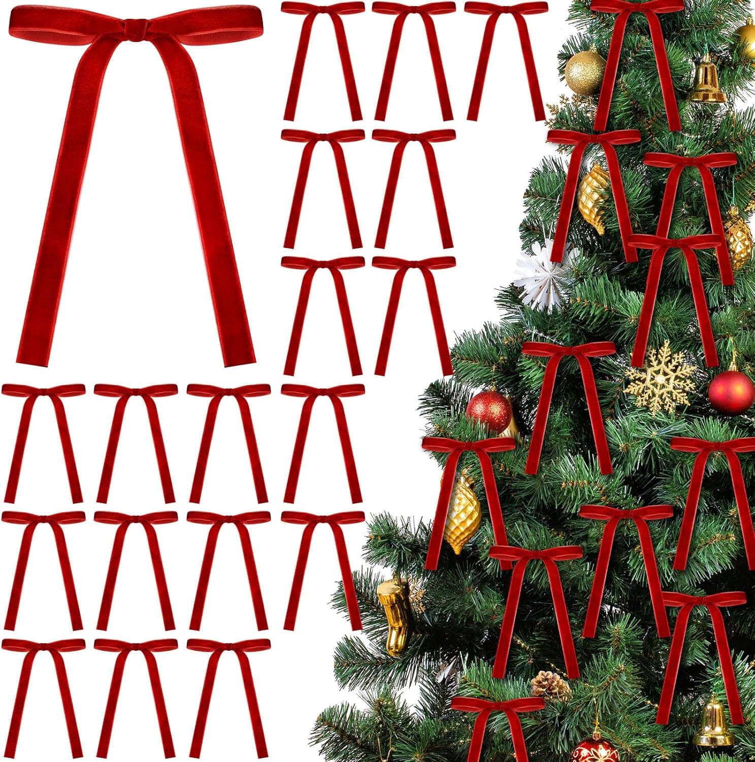 Skiennix 24 Pcs Velvet Christmas Tree Bows - Vintage Ribbon for Crafts & Decor | 5 x 7 Inch, Red