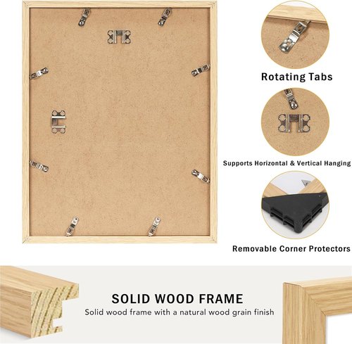 JCJMY 11x14 Picture Frame Set of 4 - Solid Wood with Shatter-Resistant Plexiglass | Natural Finish