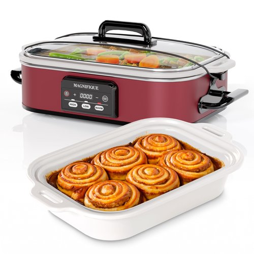 Magnifique 4 Quart Casserole Digital Slow Cooker, Premium Ceramic Bakeware for Oven, Dishwasher Safe Baking Dish, Red