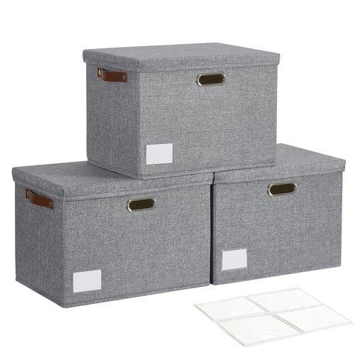 Roobyl 17" Large Collapsible Storage Bins with Lids, Stackable Closet Organizers with PU Handle and Labels, 3-Pack Decorative Fabric Storage Boxes for Home, Bedroom, Closet, Office, Nursery(Gray)