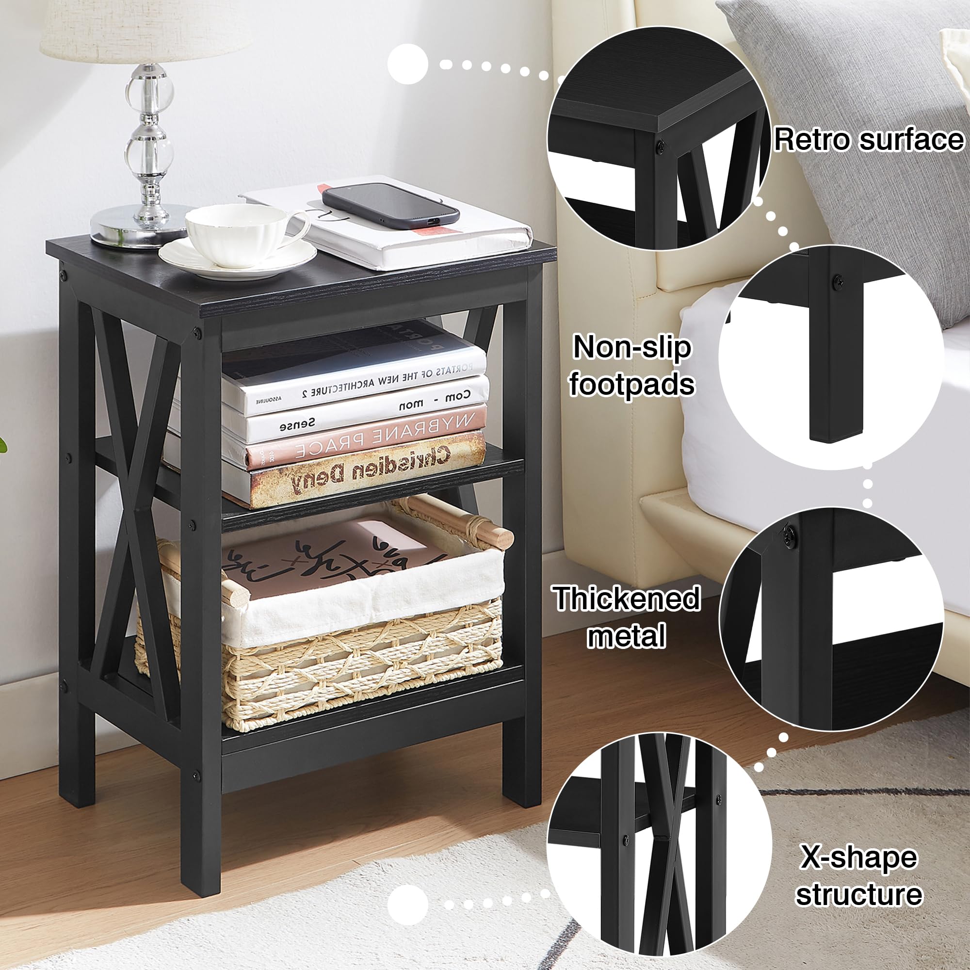 VECELO Modern Nightstands X-Design Side End Table Night Stand with Storage Shelf for Bedroom,Living Room,