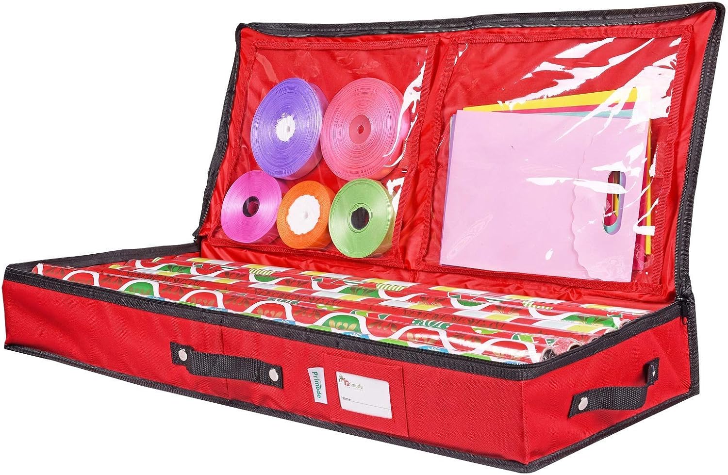 Primode Wrapping Paper Storage Container - Under Bed Organizer for 30-Inch Rolls | 31”x13.5”x4.5” | Durable 600D Oxford Material with Pockets for Ribbons and Bows (Red)