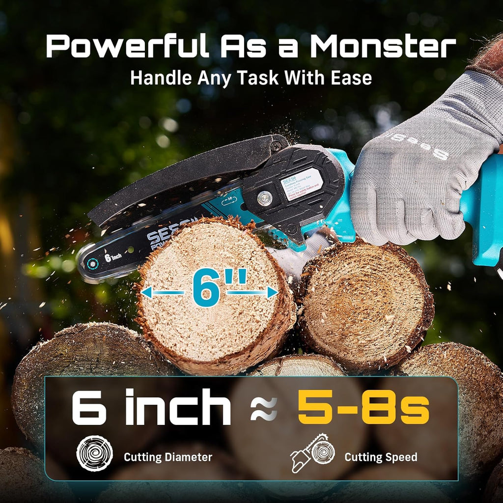 Seesii Mini Chainsaw - 6-Inch Cordless Electric Power Saw with 2 Batteries | Ideal for Tree Trimming & Wood Cutting