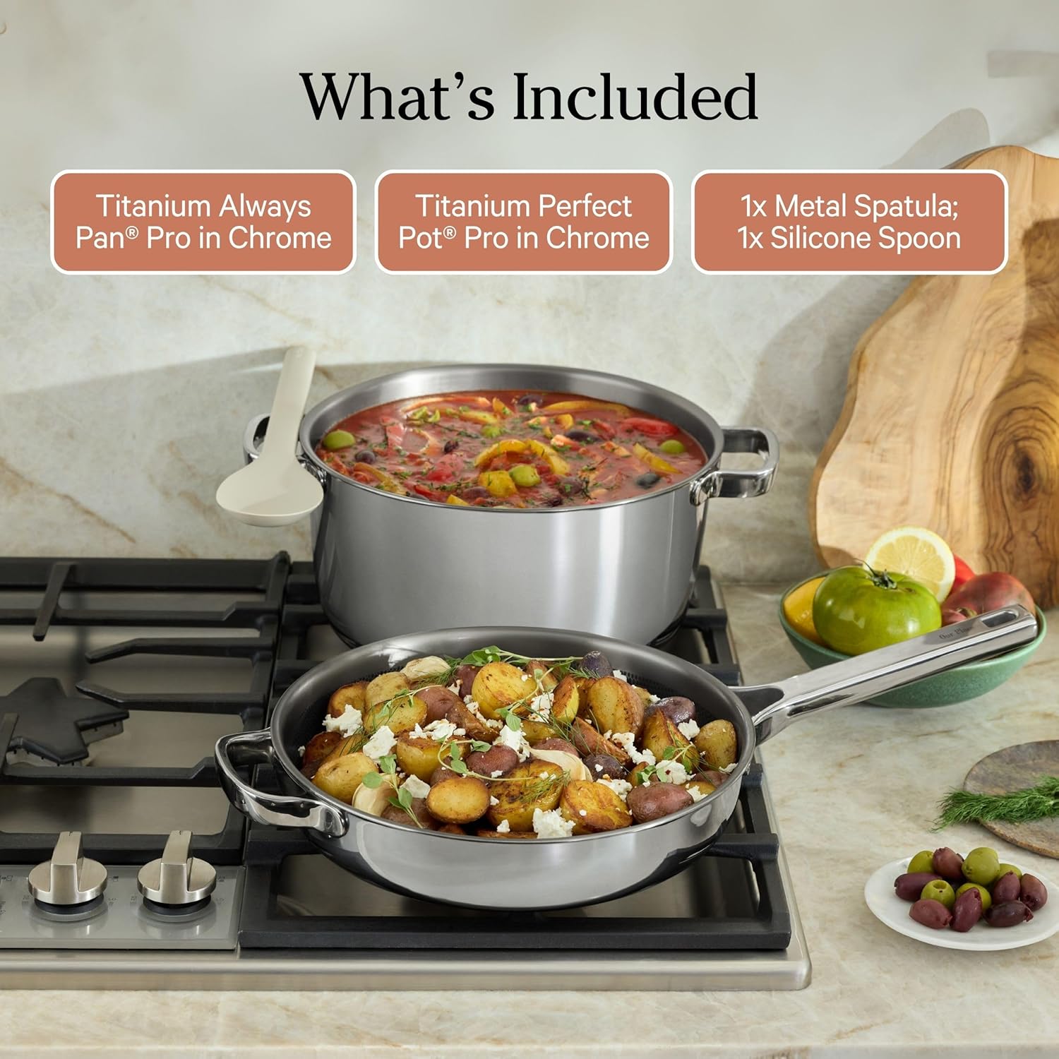 Our Place Titanium Pro Cookware Duo - Always Pan Pro & Perfect Pot Pro | Nonstick, Tri-Ply Titanium & Stainless Steel | Oven Safe up to 1000°F | Chrome
