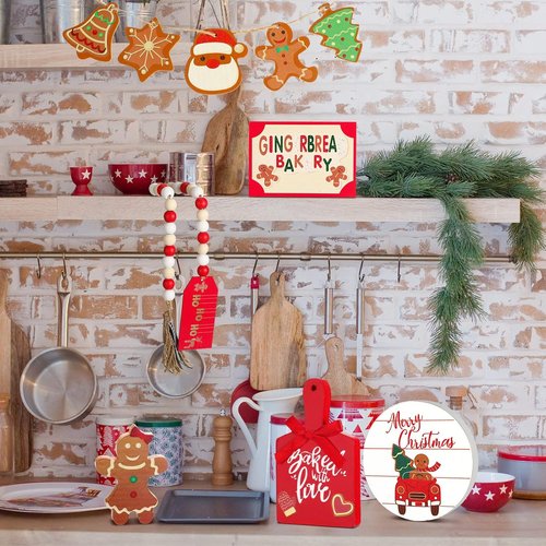 Bucherry Christmas Gingerbread Tiered Tray Decor - 12-Piece Wooden 3D Signs for Rustic Home Centerpiece