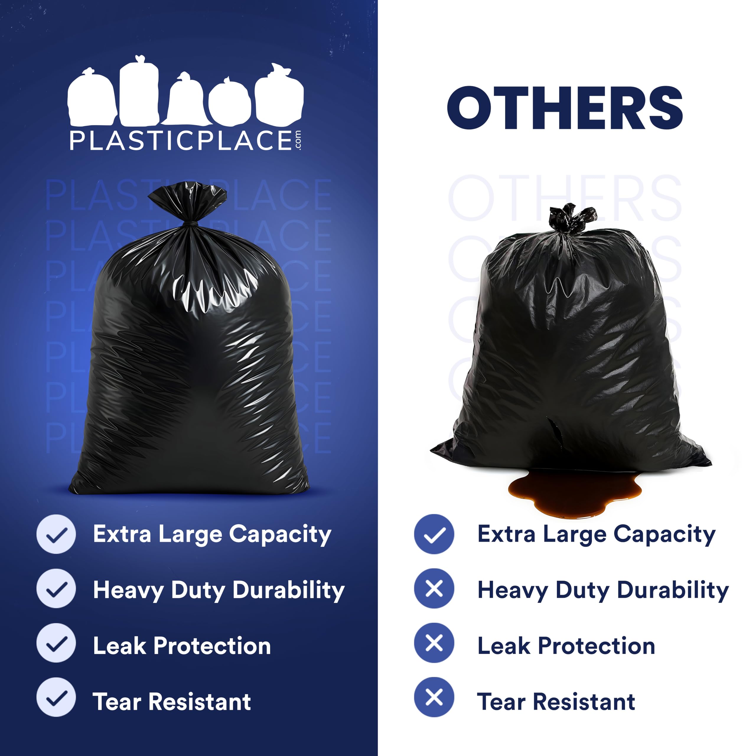 Plasticplace 95-96 Gallon Garbage Can Liners │ 2 Mil │ Black Heavy Duty Trash Bags │ 61” x 68”, 25 Count