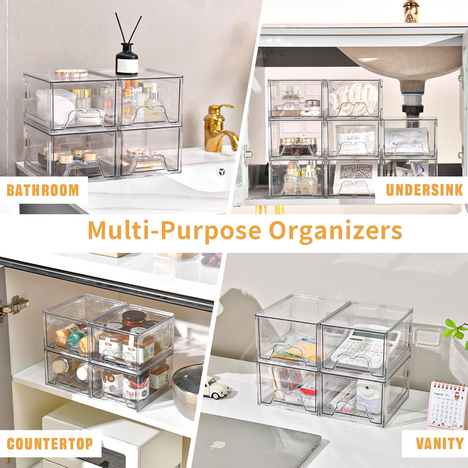 Stebopum Stackable Makeup Organizer - 6 Pack Clear Acrylic Storage Bins with Pull-Out Handle | 4.4'' Tall for Vanity & Bathroom