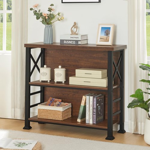 HOMBAZAAR 3-Tier Small Bookshelf, 35.4 Inch Short Book Shelf with Sturdy Metal Frame & Wood Shelves, Rustic Brown Industrial Bookcase for Living Room, Bedroom, Office